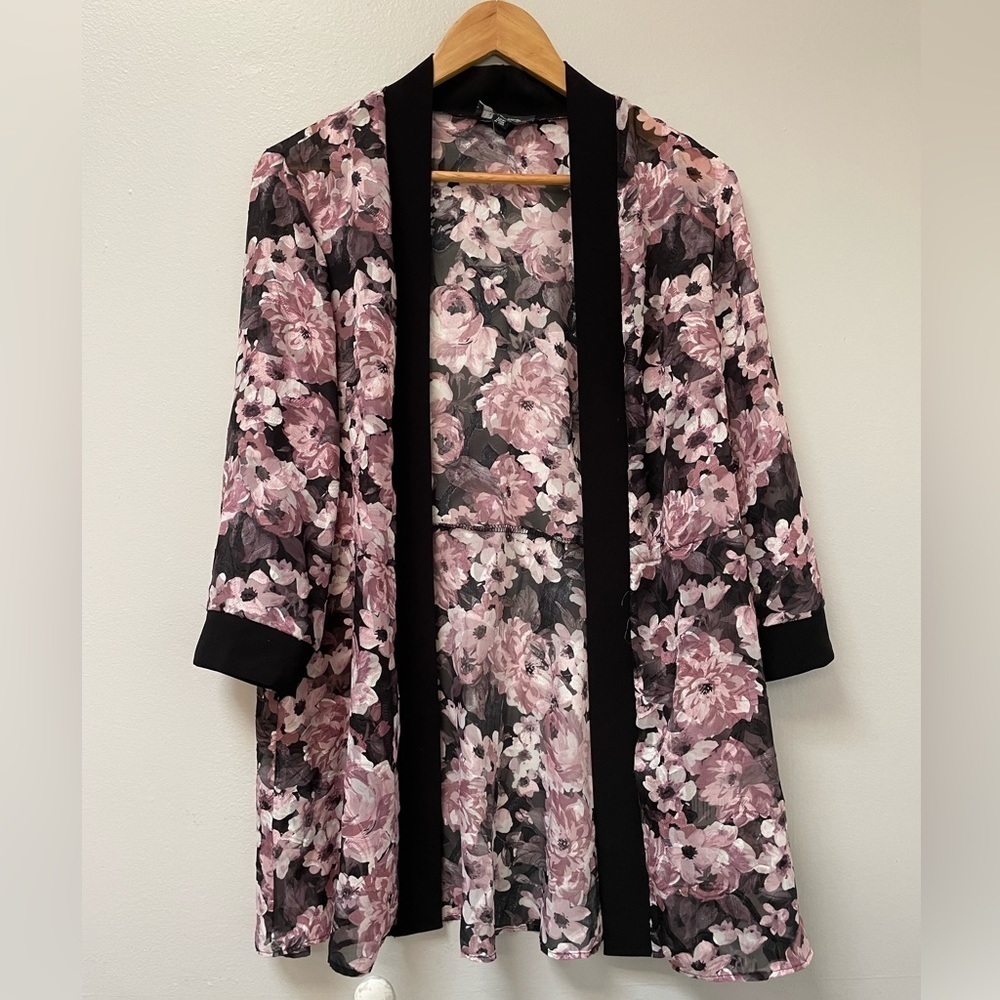 R & M RICHARDS WOMAN Open Long Cardigan Jacket Pink Black Floral Size 12 Petite